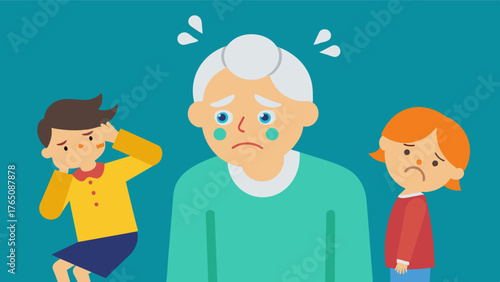 A grandparent experiencing mood swings or agitation leading to unpredictable behavior and discomfort for their grandchild.. Vector illustration