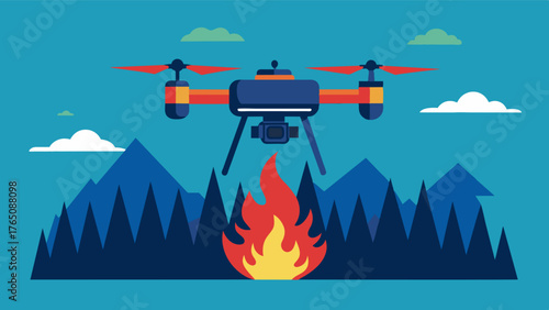 A drone equipped with a thermal camera is used for early detection of forest fires allowing for quick and effective response.. Vector illustration
