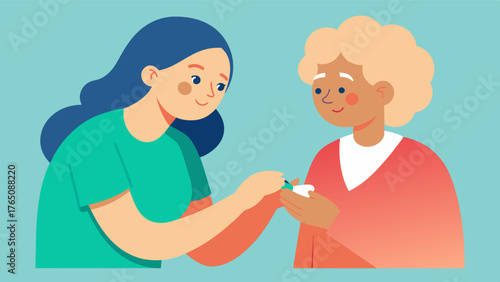 A caregiver helping to trim the nails of a person with a mental illness preventing s and promoting good hygiene habits.. Vector illustration