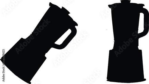 The image presents two black silhouette illustrations of blenders, set against a clean white background. The blender on the left is angled, which adds a sense of dynamism and movement to the compositi