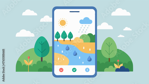 A mobile app syncs with weather forecasts and water levels in reservoirs allowing farmers to plan for drought conditions and optimize irrigation schedules.. Vector illustration