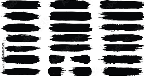 The image features a collection of twenty black brush strokes arranged in rows, creating a visually dynamic composition. Each brush stroke varies in length and width, contributing to a textured and or