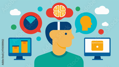 A person with a brain injury relearning important life skills with the help of assistive technology and training programs.. Vector illustration