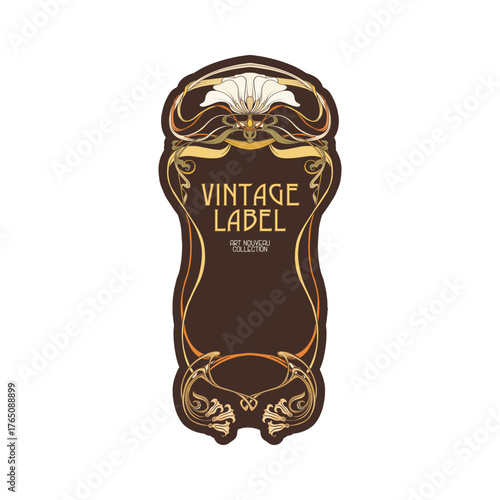 Decorative flowers and leaves in art nouveau style, vintage, old, retro style. Border, frame, template for product label, cosmetic packaging. Easy to edit. Vector illustration.