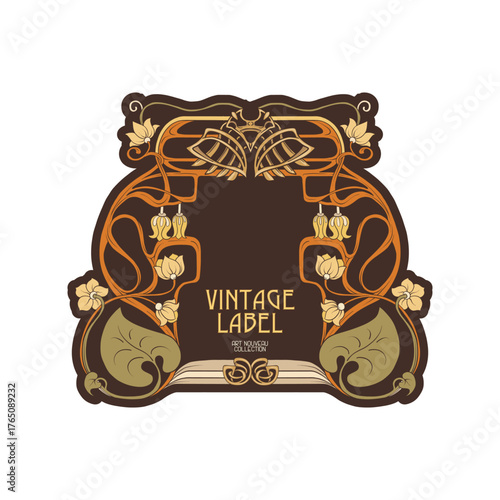 Decorative flowers and leaves in art nouveau style, vintage, old, retro style. Border, frame, template for product label, cosmetic packaging. Easy to edit. Vector illustration.