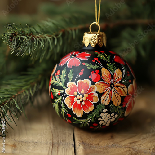 Tradycyjna retro kartka na święta Bożego Narodzenia. Wigilia. Bombki wiszące na choince