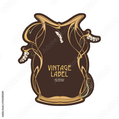 Decorative flowers and leaves in art nouveau style, vintage, old, retro style. Border, frame, template for product label, cosmetic packaging. Easy to edit. Vector illustration.