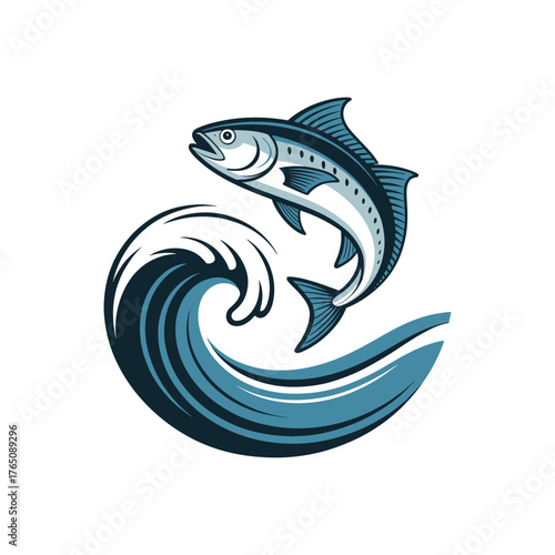 Illustration of jumping fish in sea wave vector design for fishing and seafood logo