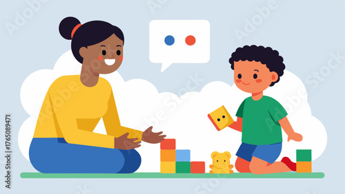 A child with a language delay sitting with their speech the playing with toys and learning new words and phrases through play therapy. The the uses toys to engage the child and. Vector illustration
