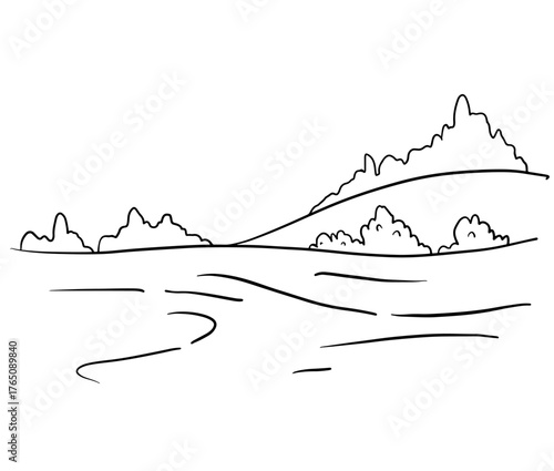 Minimal line art landscape with mountains, trees and fields in calm rural scenery. Simple countryside sketch ideal for nature themes, travel illustration or background elements.