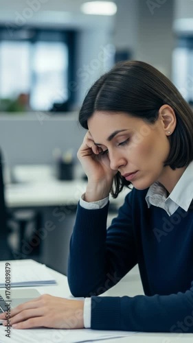 Tired young adult Caucasian woman working on laptop in a modern office, feeling stressed and overwhelmed by her tasks, supporting her head with her hand.