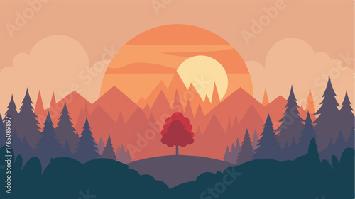 A sunrise casting light on a foggy forest representing the challenges and obstacles that can come with maintaining brain health.. Vector illustration