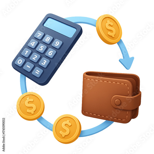 Floating calculator, wallet, and coins in circular motion, modern digital finance concept, isolated on transparent background