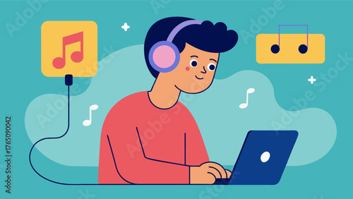 A drawing of a person with ADHD listening to a personalized playlist of focusenhancing and concentrationboosting songs during a music therapy session to help improve attention and. Vector illustration