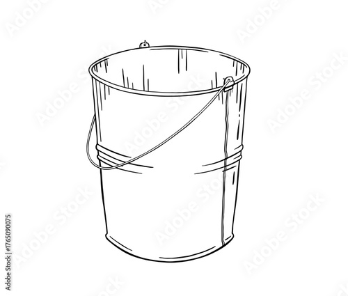 Hand-drawn metal bucket in rustic vintage style. Ink black and white illustration. Classic farm accessory for water, milk or harvest carrying. Simple countryside object with rural character.