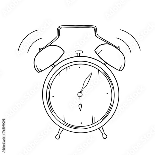 Vintage hand drawn alarm clock ringing, sketch style illustration. Perfect for morning routine concepts, wake up posters, planners, merchandise or time related educational projects.
