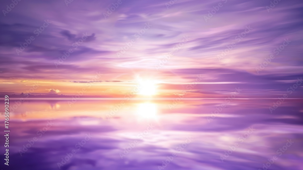 Naklejka premium Vibrant Sunset Over Calm Water with Purple Pink Clouds and Reflection