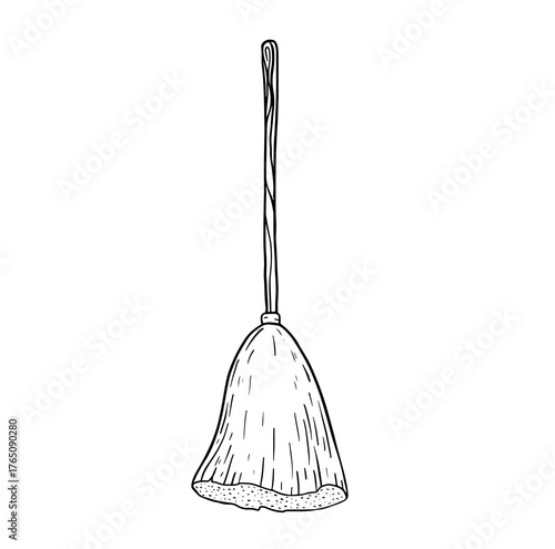 Rustic farm broom in hand-drawn sketch style, symbol of countryside cleaning tradition. Simple straw tool used for sweeping yard or farmhouse floors. Minimal vintage illustration for rural designs.