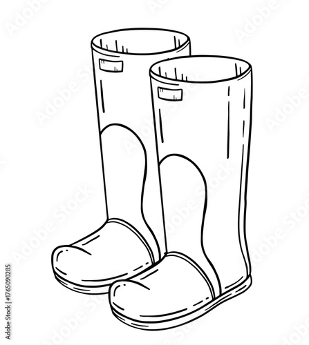 Vintage hand-drawn ink illustration of farmer rubber boots for gardening or countryside lifestyle. Rustic rural footwear for agriculture, autumn farm work, rainy weather concept.