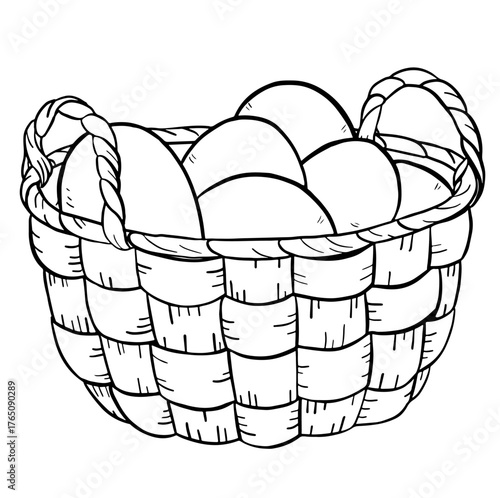 Hand drawn wicker basket filled with eggs in classic rustic sketch style. Suitable for Easter illustrations, farm market branding, organic food packaging, slow living or countryside themes.