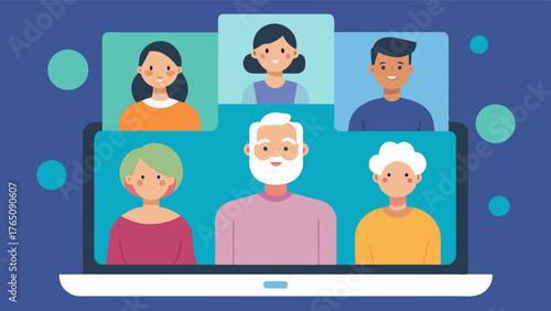 A group of seniors joining a video call with their longdistance family members using a video conferencing app.. Vector illustration