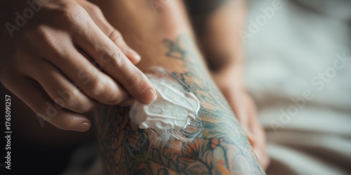 Close-up of a hand applying moisturizing cream to a colorful tattoo. Tattoo aftercare and skincare routine. Body art healing and protection