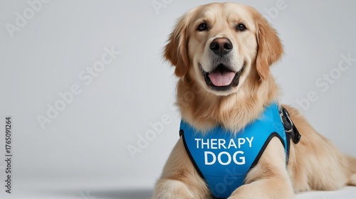 A friendly Golden Retriever therapy dog wearing a blue vest on a gray background. Animal-assisted therapy and emotional support concept with copy space