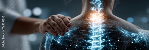 A doctor's hand on a patient's shoulder with a futuristic digital overlay of the spine. Highlighting neck pain and injury for medical treatment. Chiropractic and neurology concept