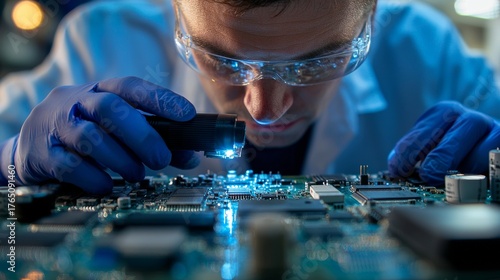 Engineer examines circuit board with flashlight and safety glasses at laboratory