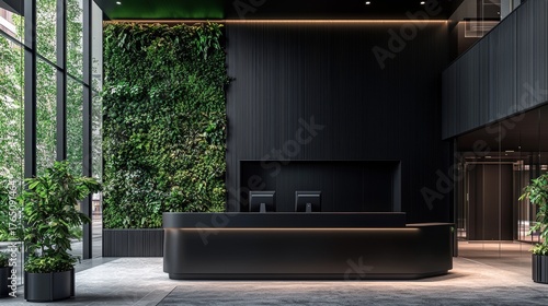 Modern office lobby features a dark reception desk and a bright green vertical garden wall