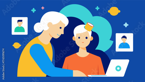 A person with dementia sitting with their caregiver creating a photo montage as a therapeutic activity to stimulate their memory and cognition.. Vector illustration