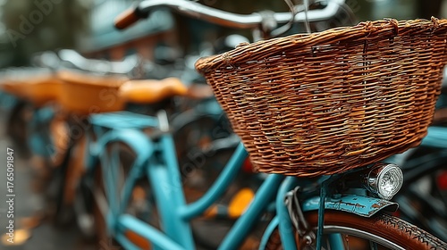 Wicker Basket on Vintage Blue Bicycle, Close-Up, Soft Focus