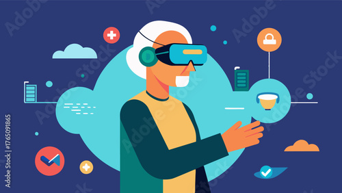 A senior in a virtual reality program using a headset to experience different environments and stimulate their senses of sight and sound.. Vector illustration