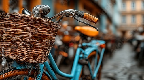 Vintage Blue Bicycle with Wicker Basket, Cityscape Backdrop, Warm Tones