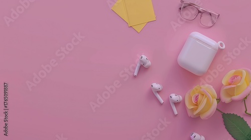 Wireless Earbuds with Airpods Case Pink Flowers Glasses on Pastel Pink Background