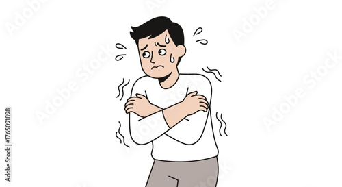 Cartoon person shivering with cold or fear on a white background