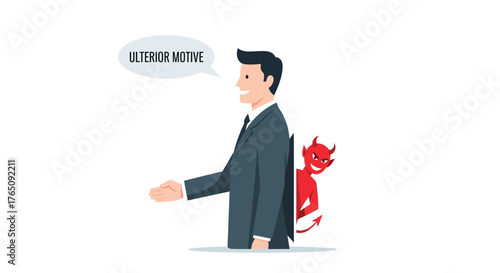 Businessman offering handshake with a devil hiding behind him indicating hidden agenda