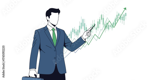 Elegant businessman analyzing financial chart, demonstrating upward trajectory
