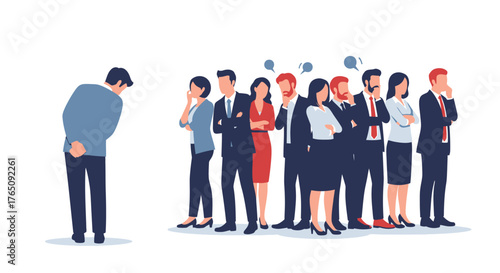 Company division with a lone figure isolated amid thoughtful colleagues