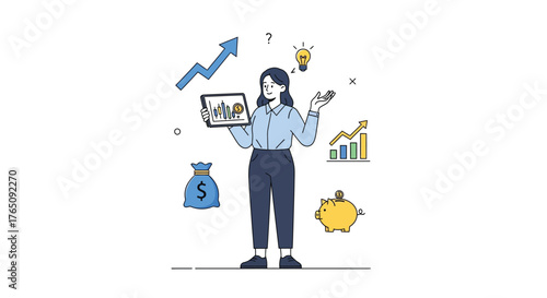 Financial Growth Illustration: Woman Analyzing Market Trends on a Tablet
