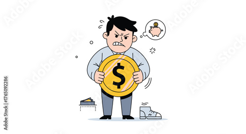 Angry Man Character Holding Dollar Coin Protecting Savings Concept
