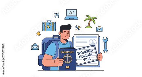 Young man holding passport and working holiday visa planning travel abroad