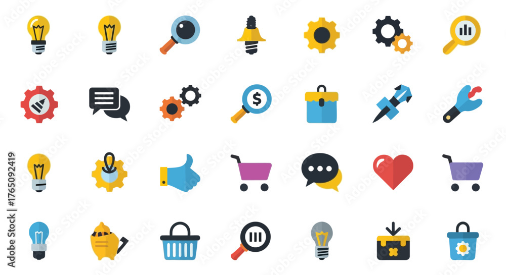 Fototapeta premium Vibrant flat style icon collection representing various business concepts