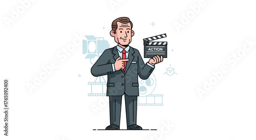 Movie Producer or Director holding a Clapperboard saying Action Scene