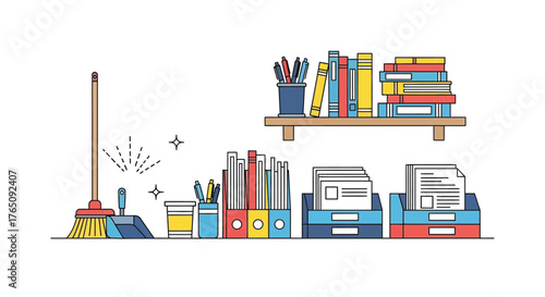 Orderly workplace with books, documents, broom and stationery elements