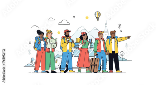 Diverse group embark on a cheerful travel adventure with their belongings