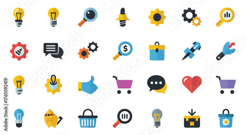 Vibrant flat style icon collection representing various business concepts