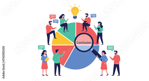 Illustration of Teamwork for Conclusion with Pie Chart and Magnifying Glass