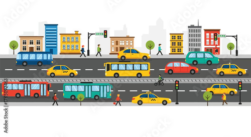 Vibrant city traffic illustration with diverse vehicles and pedestrians