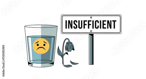Insufficient resources concept showing a glass with sad face and dry flower